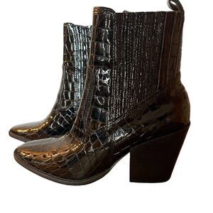 AQUA Black Croc Embossed Leather Booties Sz 6.5 Western Square Toe Heel